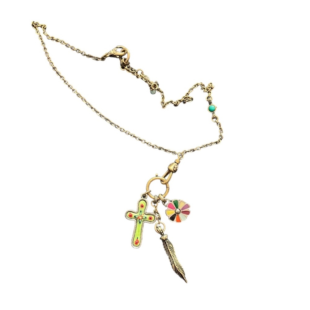 Lucky Brand Gold Charm Necklace with Cross and Feather